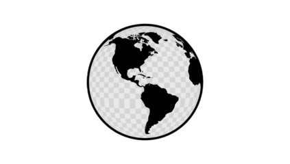 A simplified black and white illustration of planet Earth, showing continents.