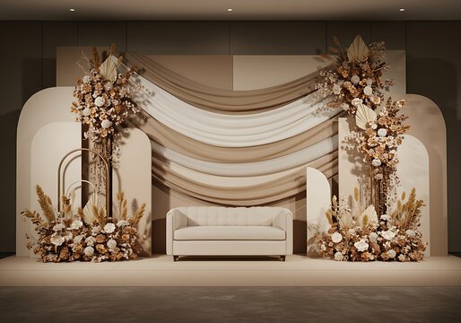 Elegant and modern wedding stage design, adorned with beautiful dried floral arrangements and neutral drapes, creating a serene and sophisticated ambiance for the celebration