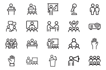 Conference Vector line art Icon Set. mic, discussion, seminar, networking, success, speaker, podium, audience, chart, presentation, projector, meeting. Vector illustration