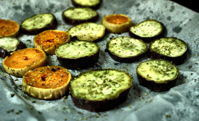 Close-up roasted sweet potato slices with herbs – healthy homemade vegan snack, plant-based diet photography, natural superfood nutrition