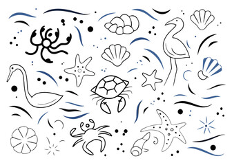 Bold blue tropical marine animal silhouettes collection featuring ocean creatures in vivid colors for aquatic themed designs