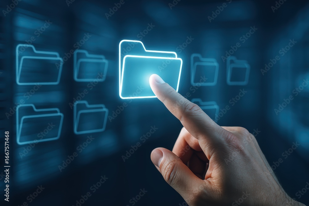 Poster digital selection: an illustrative hand points to a digital folder, highlighting the concept of info