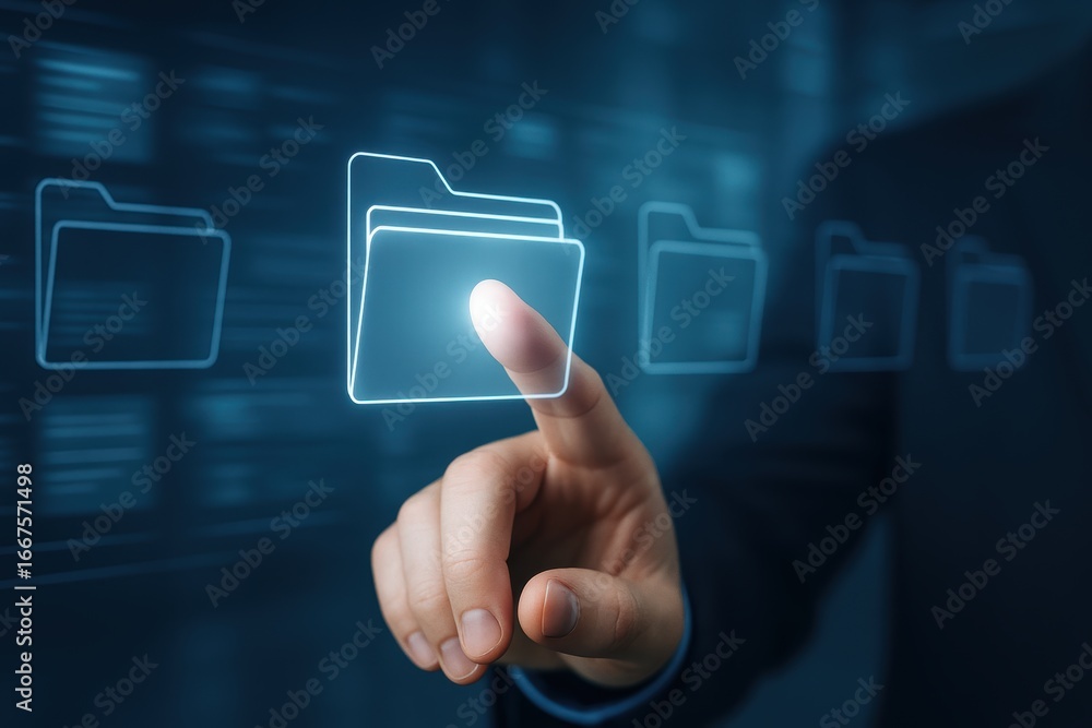 Poster digital file exploration: a hand interacting with futuristic, glowing file icons on a blurred backgr
