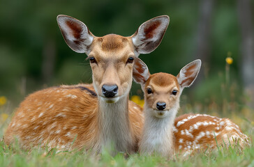 Wild female sika deer with fawn lying on green meado. Sika deer. Mother with fwn. Summer landscape. Wildanimals close-up. Family. eproduction. Mother's carefor offspring. animal protction. Cute