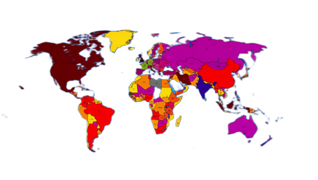 World map divided into colored regions, likely representing different political or social categories.