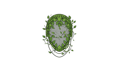 Botanical vector of fencing mask decorated with leafy patterns, flat clean eco-conscious design, on white background.