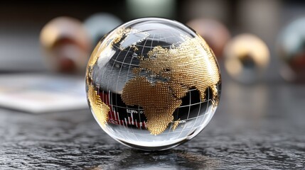 Golden Earth Globe with Financial Data Overlay on Marble Surface - Global Finance and Economy Concept