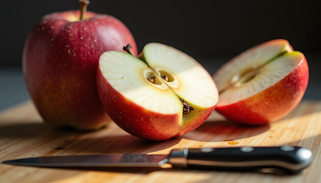 Fresh red apples sliced in half on wooden cutting board with knife
