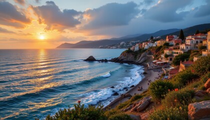 Obraz premium Coastal Village at Sunset