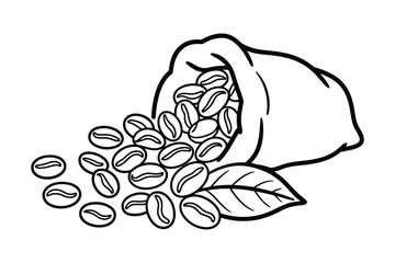 Hand drawn coffee beans spilling from a sacks with a leaf
