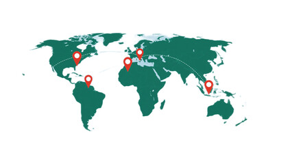Obraz premium World map with multiple red location markers highlighting various global regions.