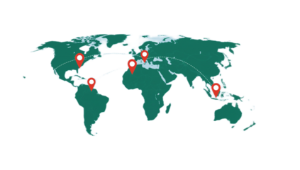 World map with multiple red location markers highlighting various global regions.