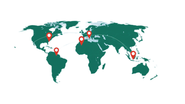 World map with multiple red location markers highlighting various global regions.