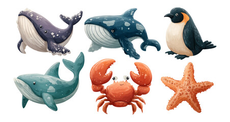 Fototapeta premium Cute Sea Animals Collection with Whale, Penguin, Crab, and Starfish
