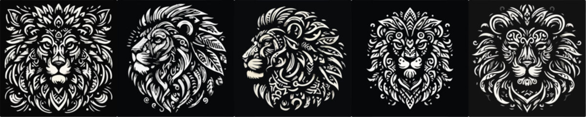 Fototapeta premium A lion drawn in a tribal style, full of curved lines, geometric patterns, and sharp ornamentation. Its symmetrical shape conveys a sense of strength and authority.