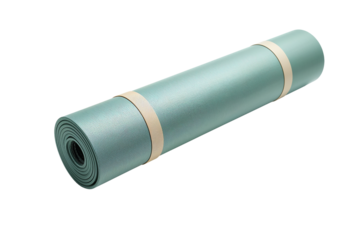 Rolled yoga mat in light green color with beige straps, fitness accessory for home workouts, pilates, meditation, exercise routine, and healthy lifestyle practice