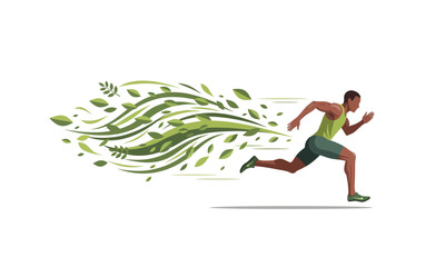 Eco-conscious botanical vector of Olympic sprinter running, trail of green leaves behind, flat earthy tones, white background.