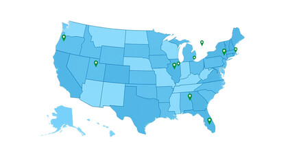 USA map highlighting locations with light blue shaded states and scattered green markers.