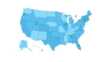 USA map highlighting locations with light blue shaded states and scattered green markers.