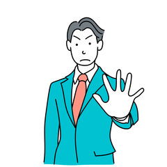 ストップのジェスチャーをするスーツ姿の男性｜警告・制止を伝えるベクターイラスト