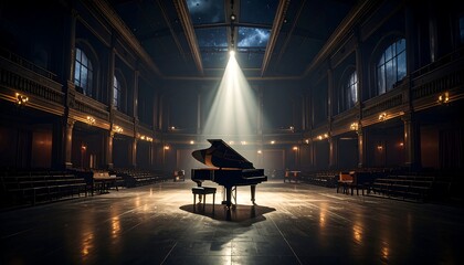 Grand Piano Illuminated in Concert Hall