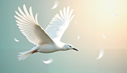 Fototapeta premium Elegant white bird flying gracefully in a soft pastel sky