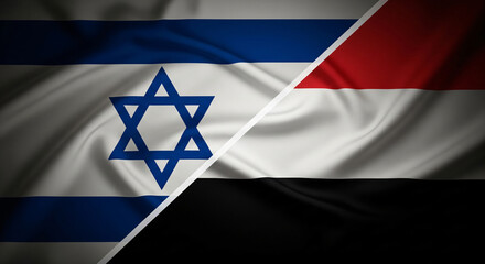 Israel And Yemen Split Screen Diagonal Fabric Flags With Dramatic Vignette Lighting JPG
