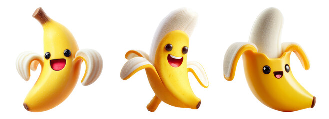 Fototapeta premium Set of three cheerful cartoon bananas on transparent background