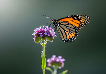 Obraz premium Monarch butterfly feeding on a purple flower in soft light
