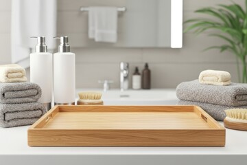 Fototapeta premium Photo of a wellorganized bathroom counter featuring a wooden tray, towels, and various toiletries creating a serene ambiance