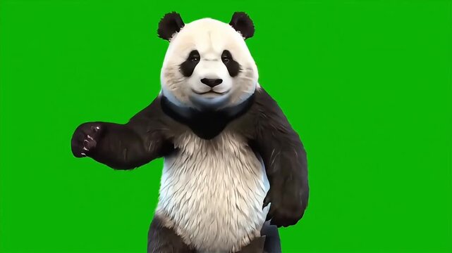 Funny panda standing and dancing on green screen background, isolated for editing and creative projects.