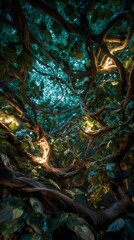 Fototapeta premium Intricate tree branches intertwined with glowing lights.