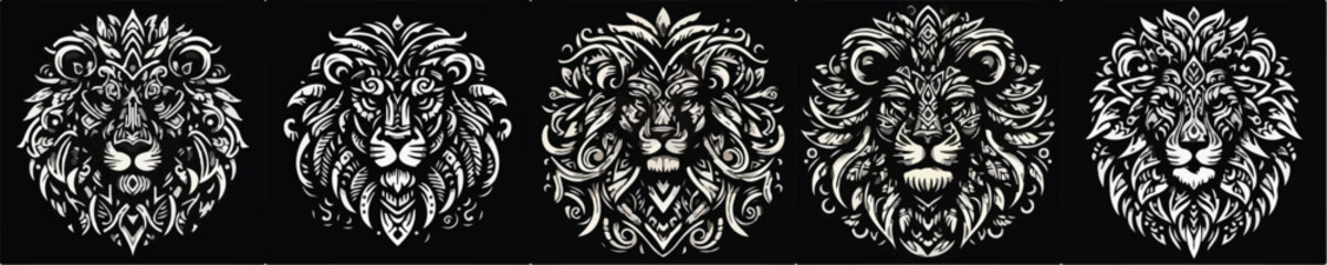 Fototapeta premium A lion drawn in a tribal style, full of curved lines, geometric patterns, and sharp ornamentation. Its symmetrical shape conveys a sense of strength and authority.