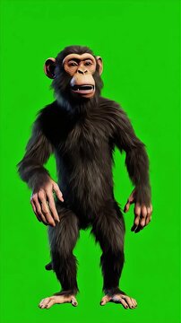 Funny monkey dancing on green screen background, isolated for editing, chroma key, and creative projects