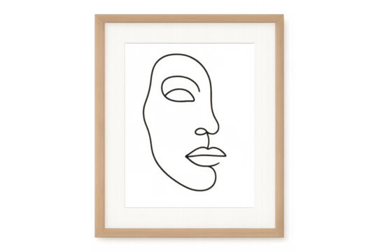 Minimalist line art of face in wooden frame with transparent background
