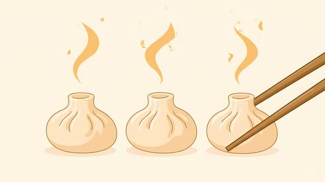 Steaming Chinese Dumplings Animation &ndash; Hot Asian Food Video Clip, Traditional Dim Sum Baozi, Freshly Cooked Street Food, Delicious Snack Motion Graphic for Restaurant, Culinary Culture, and Menu 