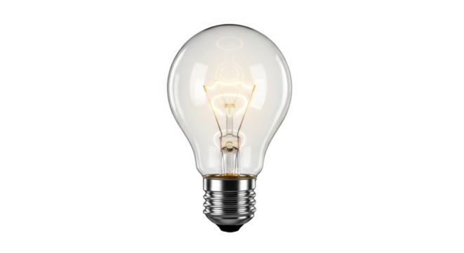 A bright incandescent light bulb glows warmly with its filament illuminated against a stark black background showcasing innovation and ideas