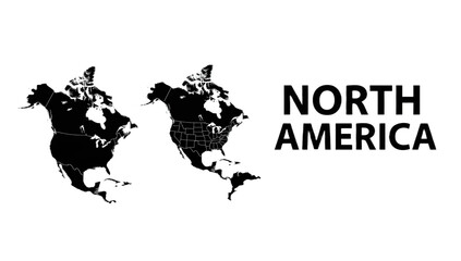 Simple black and white map of North America, showing the continent's outline and individual country borders. © Mamer