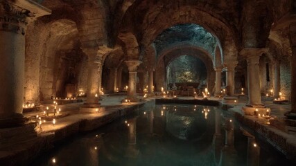 Mystical Ancient Stone Crypt: Flickering Candlelight Reflecting in Tranquil Water Pool - Powered by Adobe