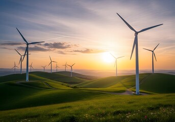 Obraz premium Cinematic shot of wind turbines on green hills at sunset, natural futuristic feel.