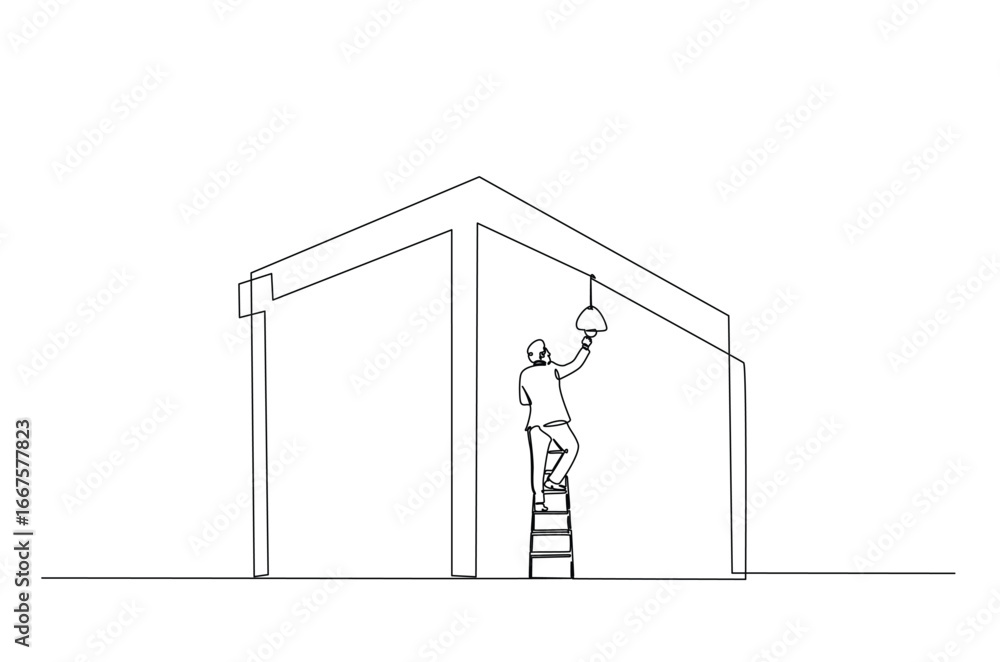 Poster man changing bulb using ladder in continuous one line drawing. single line art illustration of fahte