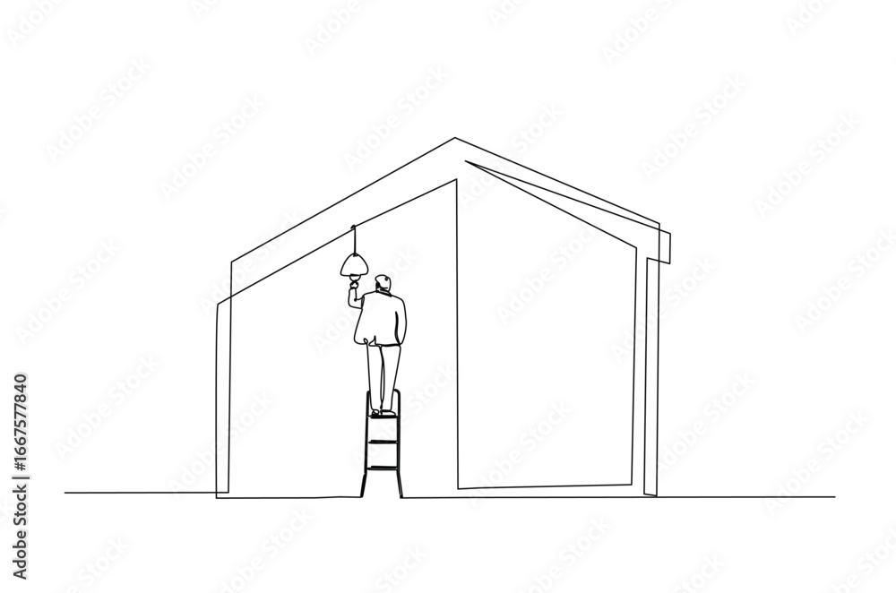 Poster man changing bulb using ladder in continuous one line drawing. single line art illustration of fahte