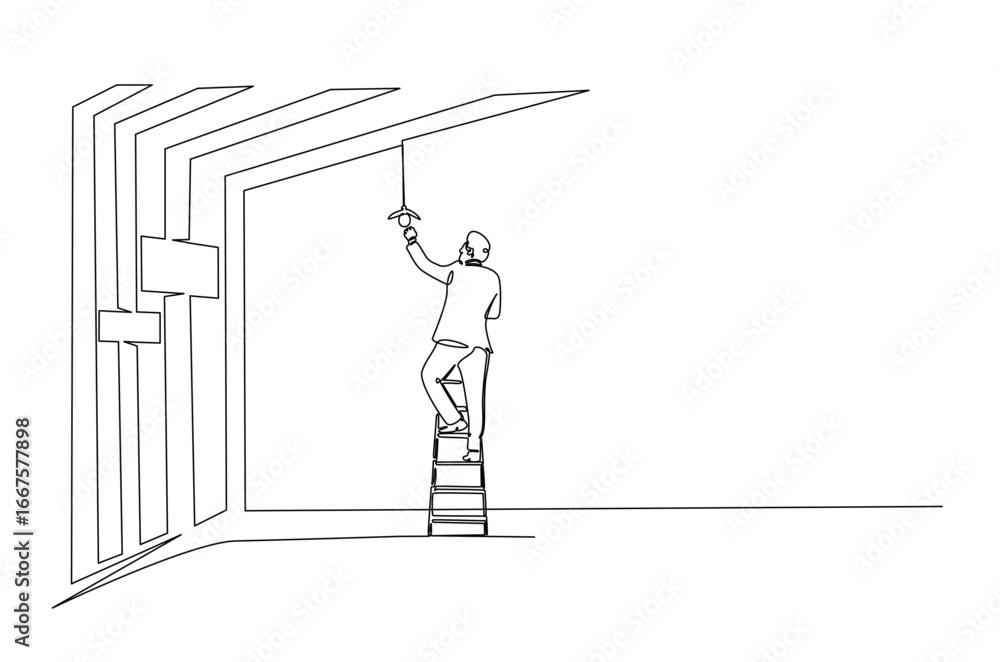 Poster man changing bulb using ladder in continuous one line drawing. single line art illustration of fahte