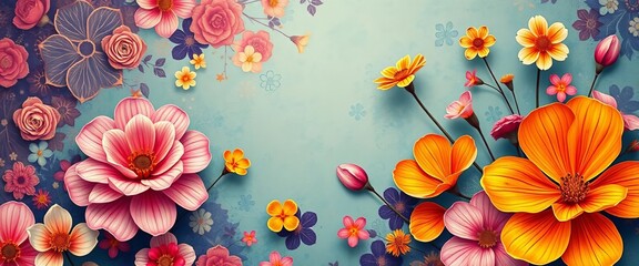 Vibrant abstract floral wallpaper in vintage summer tones Flat design, print, high resolution
