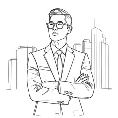 Businessman Contemplating Cityscape, Line Art