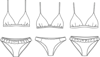 Bikini top and bottom set, swimwear fashion design, ruffle detail, CAD drawing flat vector illustration, garment template, summer clothing