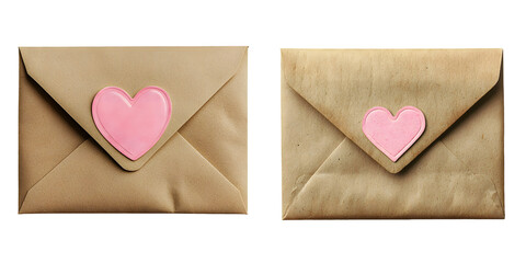 Brown envelope with pink heart sticker, isolated on a transparent background