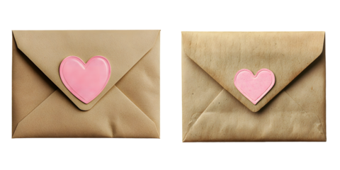Brown envelope with pink heart sticker, isolated on a transparent background