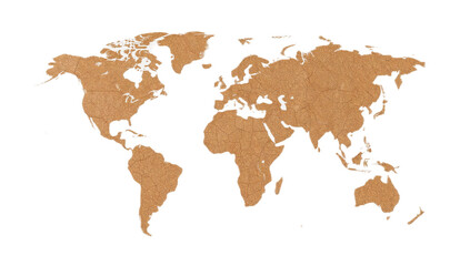 A textured brown world map illustration isolated on a white background, showing continents.