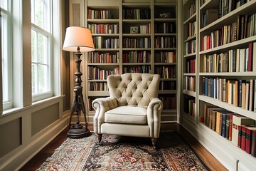 Cozy corner library with floor-to-ceiling bookshelves, tufted cream armchair, standing lamp, and layered rugs in earth tones 